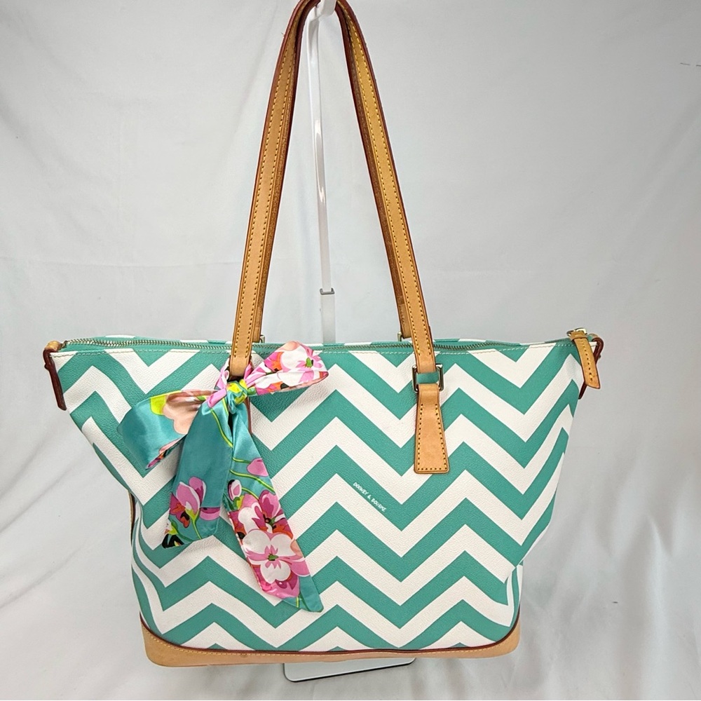 Dooney & Bourke Green and White Chevron Tote EUC